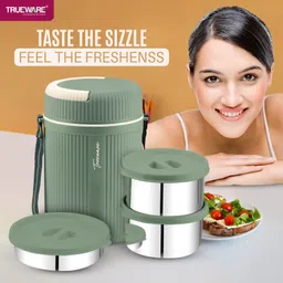 trueware GRUB 2 Insulated Hot Lunch Box With 2 SS Container 300 ML & 1 SS Container 200ML 3 Containers Lunch Box image 5