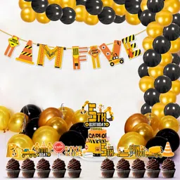 zyozique 5th Under Construction Theme Birthday Banner,Cake Topper,Balloons (Pack Of 37) image 4