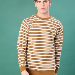 v-mart Men Striped Round Neck Yellow Sweater image 2