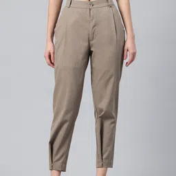 Popnetic Women Tapered Fit High-Rise Pleated Pure Cotton Chinos Trousers-image-85