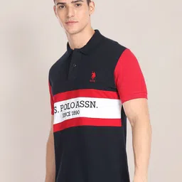 U.S. Polo Assn. Colourblocked & Brand Logo Embroidered Pure Cotton Slim Fit Polo T-shirt image 3
