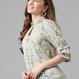 Latin Quarters Floral Printed Mandarin Collar Roll-Up Sleeves Shirt Style Top image 4