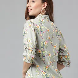 Latin Quarters Floral Printed Mandarin Collar Roll-Up Sleeves Shirt Style Top image 5