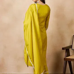 KAVINDI Women Ethnic Motifs Embroidered Regular Thread Work Silk Chiffon Kurta with Trousers & With Dupatta image 5