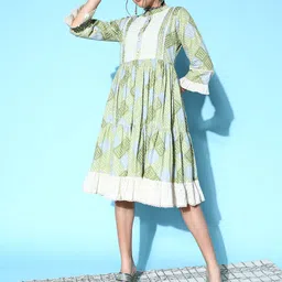 Kvsfab Green & White Bandhej Print Embroidered Chikankari Detail A-Line Midi Dress image 2