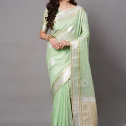 Mitera Green & Silver-Toned Ethnic Motifs Zari Banarasi Saree image 1