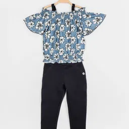 Peppermint Girls Navy Blue & Blue Printed Top with Trousers-picture-38