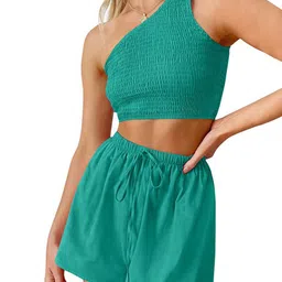 StyleCast Green Smocked One-Shoulder Fitted Crop Top & Shorts-image-34