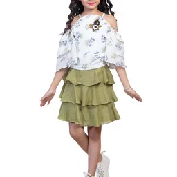 Nottie Planet Girls White & Green Printed Top with Skirt-picture-12