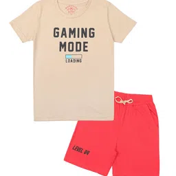 Masculino Latino Boys Beige & Red Printed Pure Cotton T-shirt with Shorts-image-21