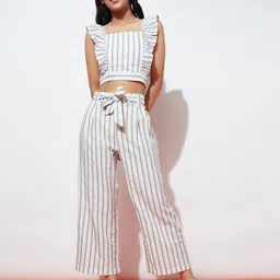 SPUNKIES Girls Blue Striped Pure Cotton Crop Top With Trousers Set-image-23