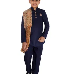FOURFOLDS Boys Navy Blue & Gold Kurta with Trousers-picture-27