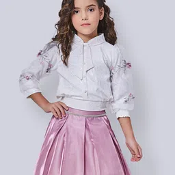 Peppermint Girls Self Design Tie Up Neck Embroidered Top with Skirt-picture-26