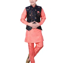 FOURFOLDS Boys Pink & Navy Blue Printed Pyjamas Set with Waist Coat-picture-24