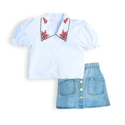 Hopscotch Girls White & Blue Embroidered Top With Skirt-picture-24