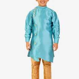 Pro-Ethic STYLE DEVELOPER Boys Turquoise Blue Angrakha Pure Silk Kurta with Pyjamas-picture-23