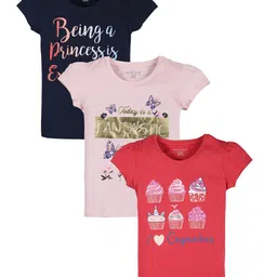 PLUM TREE Girls Pink & Navy Blue Pack Of 3 Of 3 Printed Cotton T-shirts-picture-23