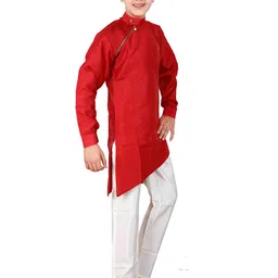 FOURFOLDS Boys Maroon & White Asymmetric Kurta With Pyjamas image 2