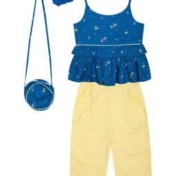 Budding Bees Girls Printed Pure Cotton Top With Trousers Set With Accessory image 4
