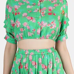 Sukshat Floral Printed Shirt Collar Crop Top With Skirt image 2