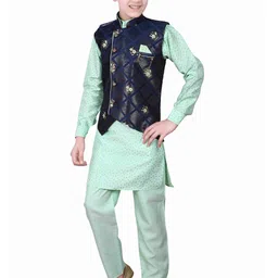 FOURFOLDS Boys Green & Navy Blue Kurta and Pyjamas with Waistcoat image 3