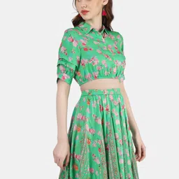 Sukshat Floral Printed Shirt Collar Crop Top With Skirt image 3