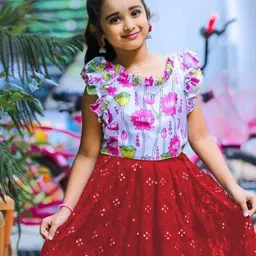 BAESD Girls Floral Printed Flutter Sleeves Semi-Stitched Lehenga & Choli image 2