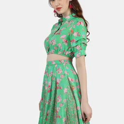 Sukshat Floral Printed Shirt Collar Crop Top With Skirt image 4