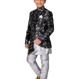 FOURFOLDS Boys Floral Woven Design Slim-Fit Asymmetric Sherwani Set image 2