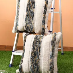 Myntra Elegant Homes Cream-Coloured & Green Set of 2 Striped Woollen Square Cushion Covers image 1