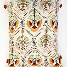 SHADES of LIFE Cream-Coloured & Green Set of 2 Embroidered Square Cushion Covers image 2