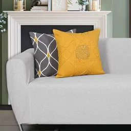 Ode & Cleo Mustard & White Set of 3 Embroidered Square Cushion Covers image 2
