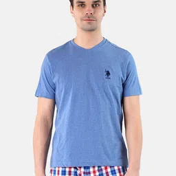 U.S. Polo Assn. Men Blue Solid Pure Cotton V-Neck Lounge T-shirt image 1