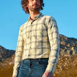 Mufti Windowpane Checks Corduroy Slim Fit Cotton Casual Shirt image 1