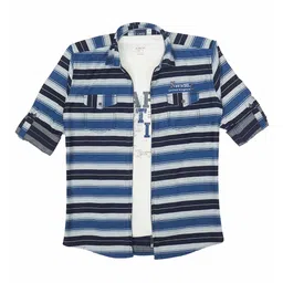 CAVIO Boys Comfort Horizontal Striped Roll-Up Sleeves Pure Cotton Casual Shirt image 1