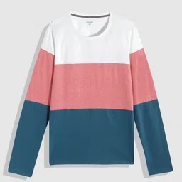 UTH by Roadster Boys White & Coral Pink Colourblocked Pure Cotton T-shirt image 2