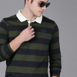 WROGN Men Olive Green & Navy Blue Striped Polo Collar T-shirt image 1