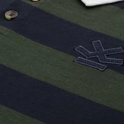 WROGN Men Olive Green & Navy Blue Striped Polo Collar T-shirt image 2