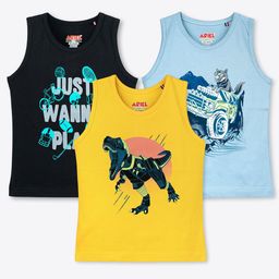 ariel Boys Pack Of 3 Printed Round Neck Sleeveless Pure Cotton Regular T-shirt-picture-3