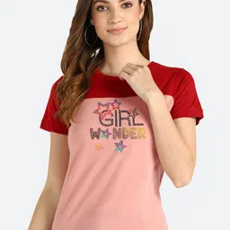 shashvi Women Peach-Coloured Typography Printed V-Neck T-shirt-image-99