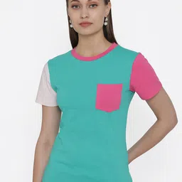 DOOR74 Women Green & Pink Cotton T-shirt-image-41