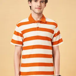 People Orange Striped Polo Collar Cotton T-shirt-image-95