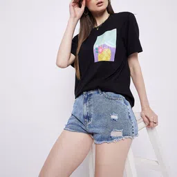 Mast & Harbour Black Graphic Printed Oversized Pure Cotton T-shirt image 1