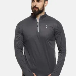 Campus Sutra Grey Relaxed Fit Striped Henley Neck Sports T-shirt-picture-19
