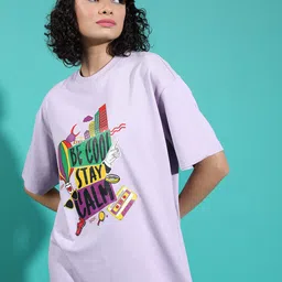 Tokyo Talkies Lavender Typography Printed Drop-Shoulder Oversized T-shirt-image-98