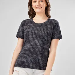 MIMID Women Checked Round Neck Cotton T-shirt-picture-4