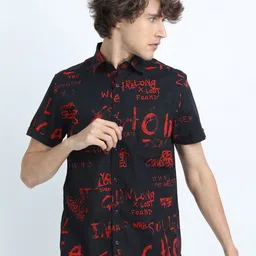 HIGHLANDER Men Black & Red Slim Fit Printed Cotton Casual Shirt-picture-30
