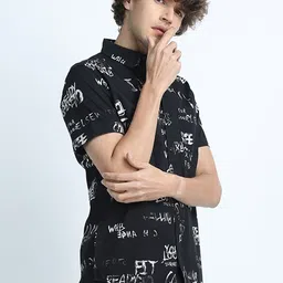 HIGHLANDER Men Black Slim Fit Typography Printed Cotton Casual Shirt-picture-38