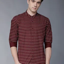 HIGHLANDER Men Maroon & White Slim Fit Striped Casual Shirt-picture-31
