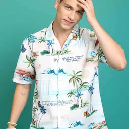 HIGHLANDER Off White Tropical Printed Drop-Shoulder Sleeves Oversized Casual Shirt-image-13